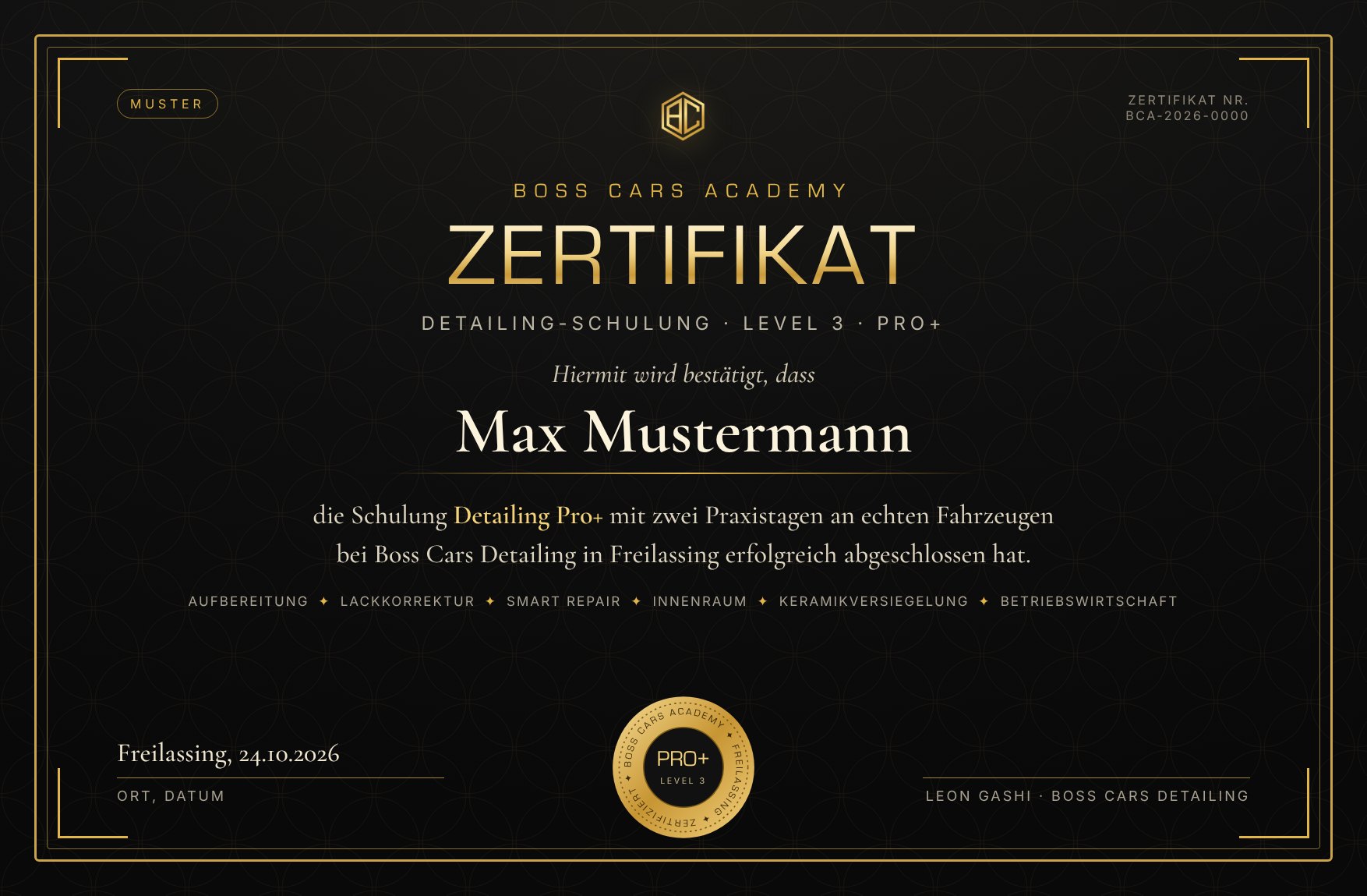 Muster des Boss Cars Academy Zertifikats
