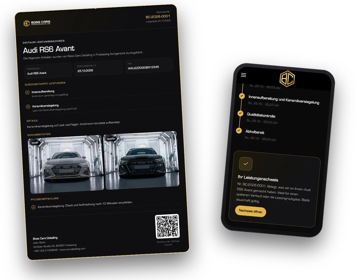 Digitaler Leistungsnachweis mit Nummer, Leistungen, Vorher-Nachher-Fotos und QR-Code zur Echtheitsprüfung