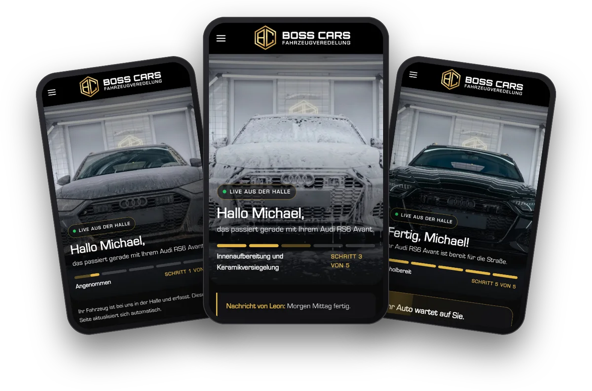 Persönliche Statusseite von Boss Cars Detailing mit Live-Fortschritt und Fotos aus der Halle