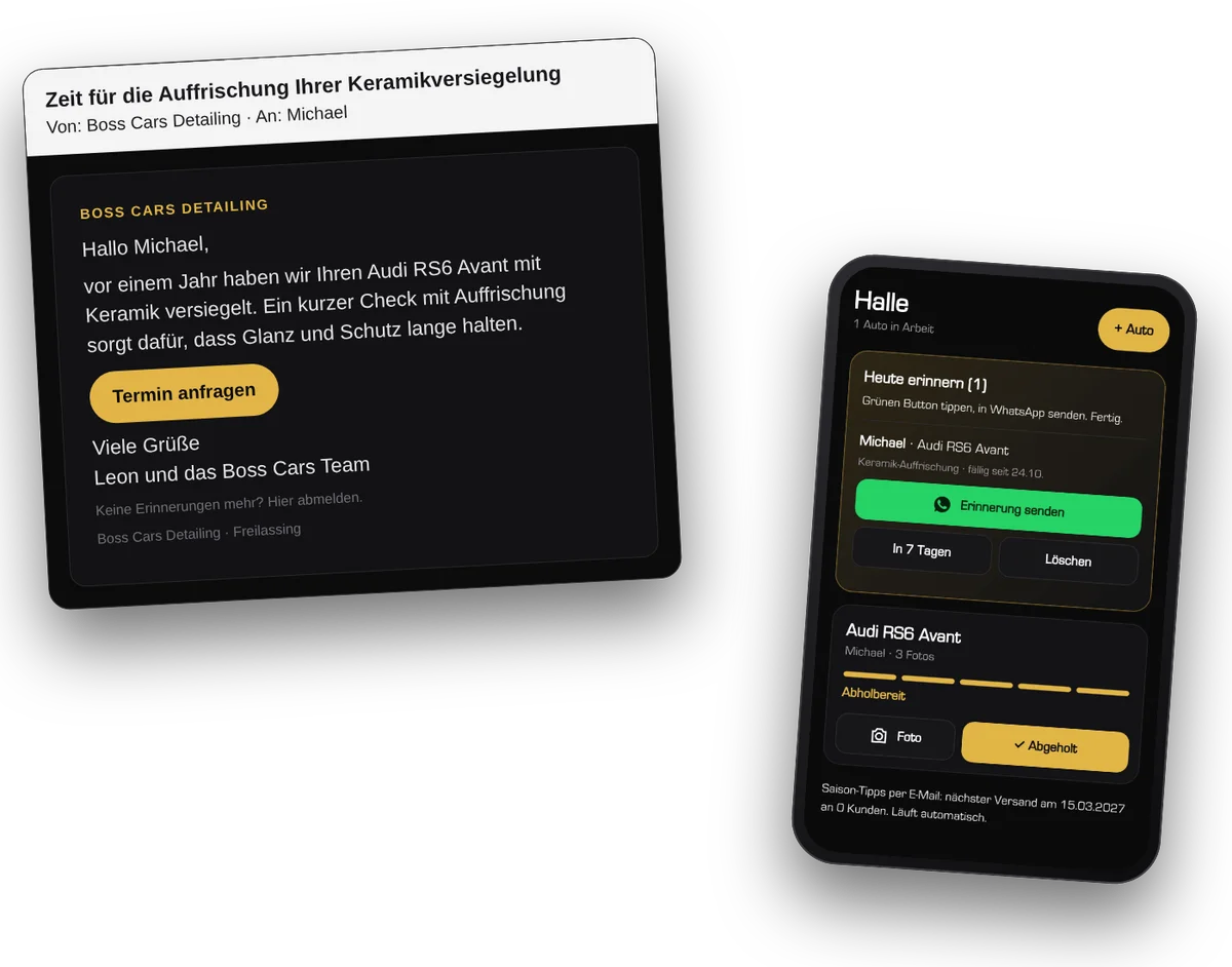 E-Mail Erinnerung zur Keramik-Auffrischung und WhatsApp-Erinnerung aus der Boss Cars App